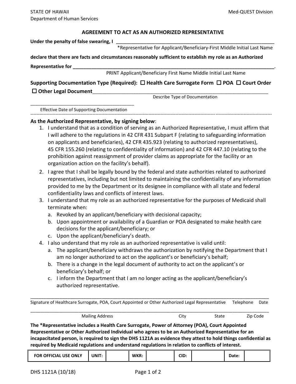 Form DHS1121A Agreement to Act as an Authorized Representative - Hawaii, Page 1