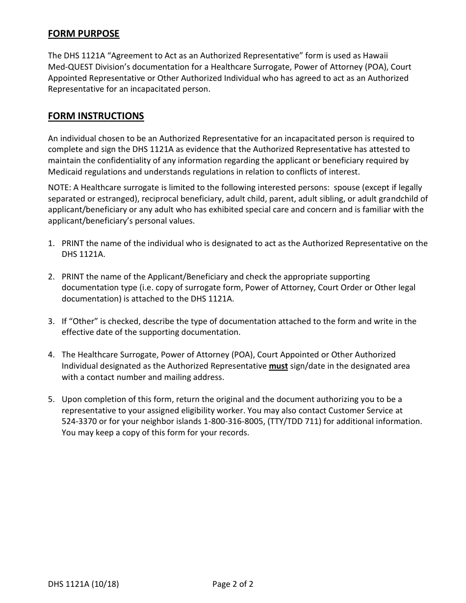 Form DHS1121A Agreement to Act as an Authorized Representative - Hawaii, Page 2