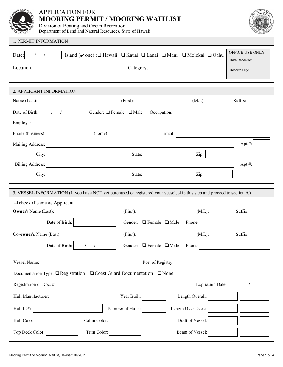 Application for Mooring Permit / Mooring Waitlist - Hawaii, Page 1