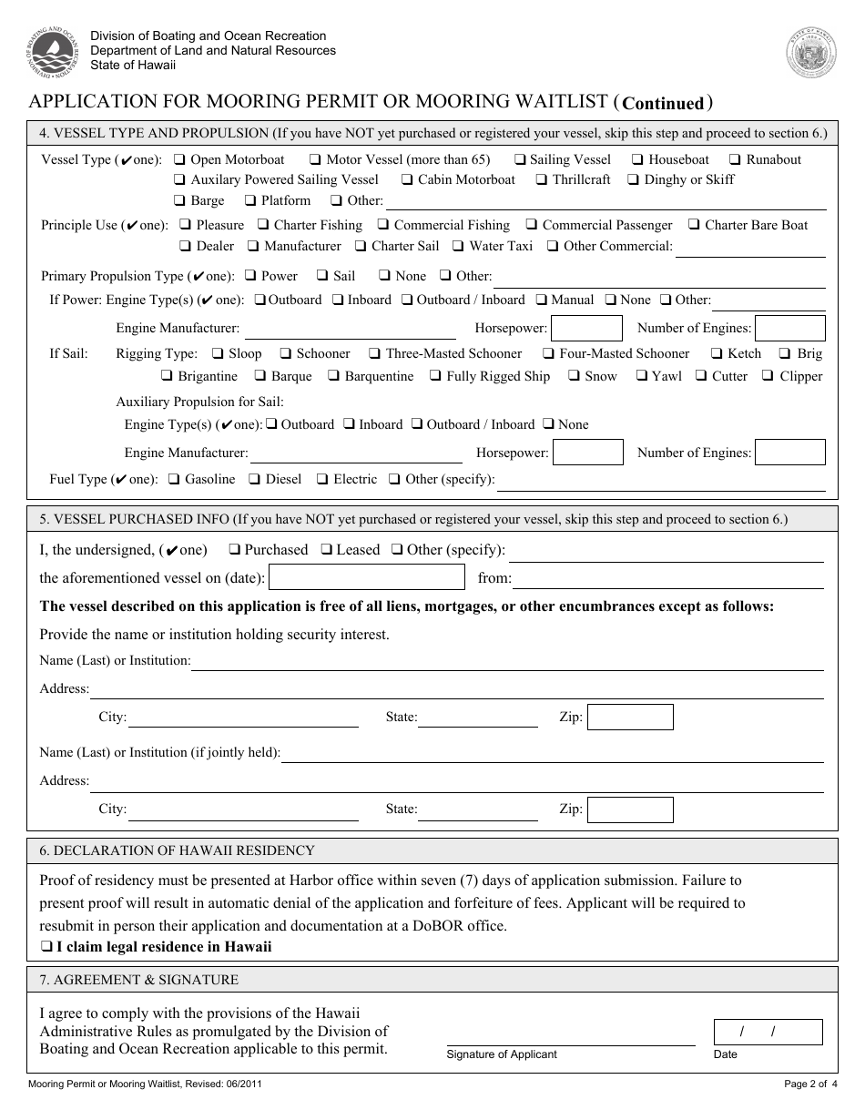 Application for Mooring Permit / Mooring Waitlist - Hawaii, Page 2