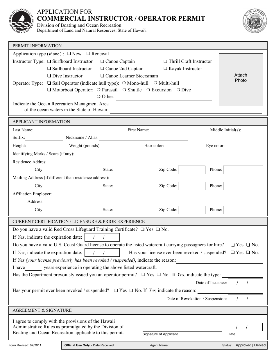 Application for Commercial Instructor / Operator Permit - Hawaii, Page 1