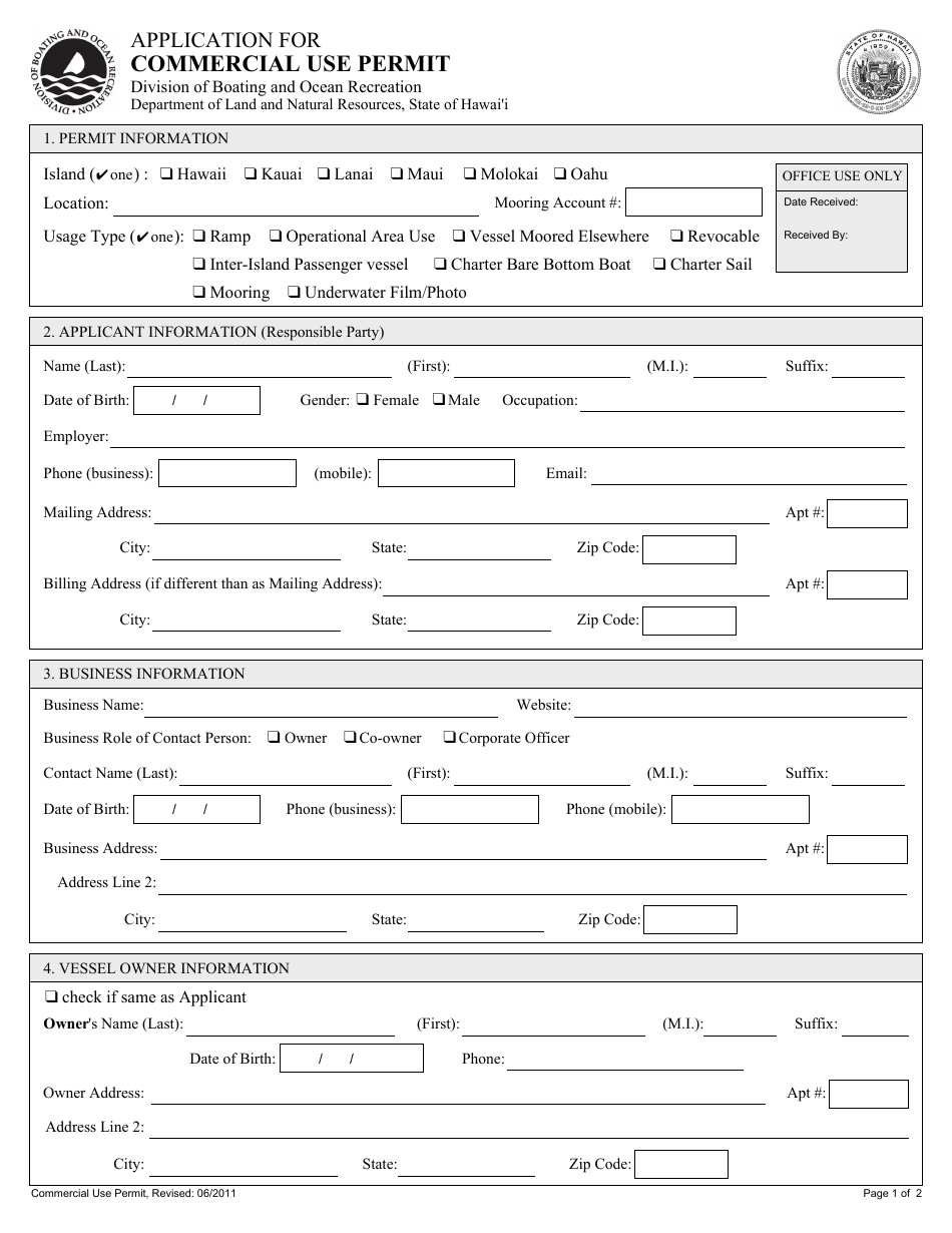 Application for Commercial Use Permit - Hawaii, Page 1