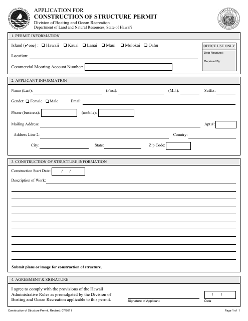 Application for Construction of Structure Permit - Hawaii Download Pdf