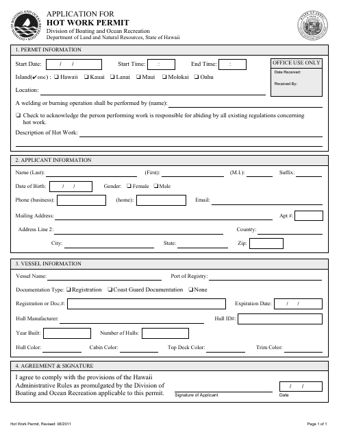 Application for Hot Work Permit - Hawaii Download Pdf