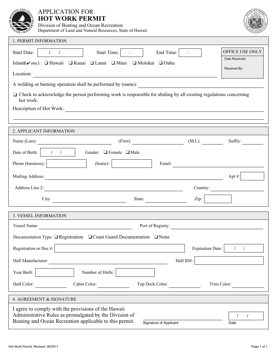 Application for Hot Work Permit - Hawaii, Page 1