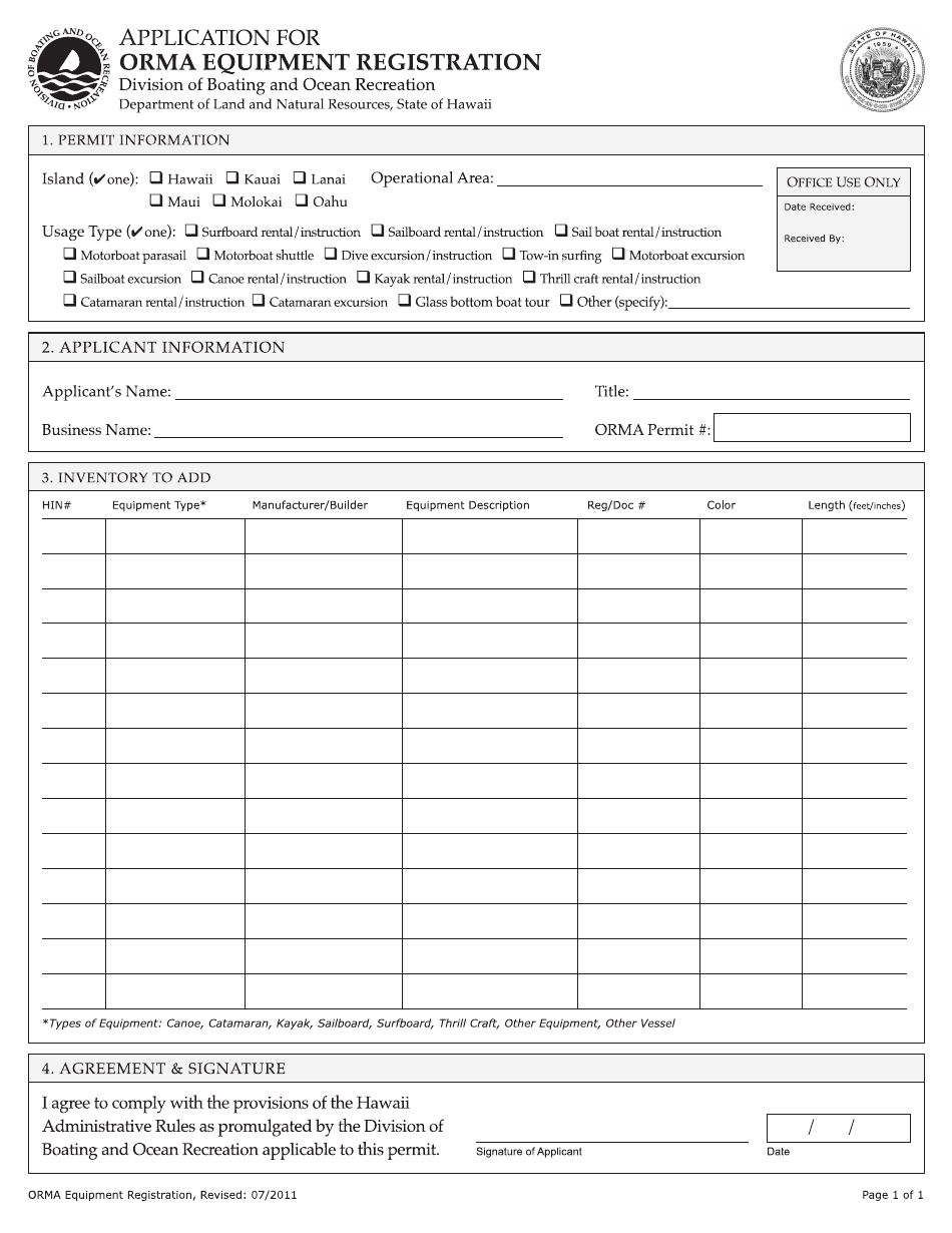 Application for Orma Equipment Registration - Hawaii, Page 1