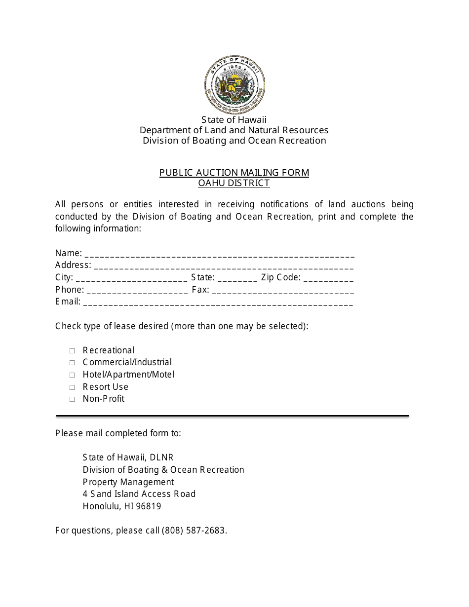 Public Auction Mailing Form - Oahu District - Hawaii, Page 1