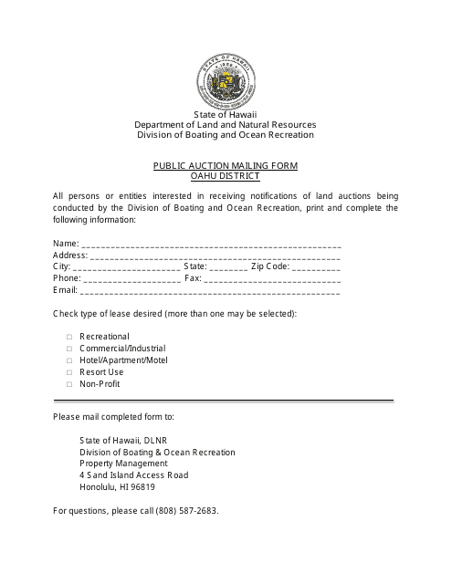 Public Auction Mailing Form - Oahu District - Hawaii Download Pdf