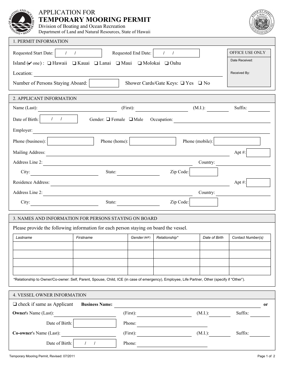 Application for Temporary Mooring Permit - Hawaii, Page 1