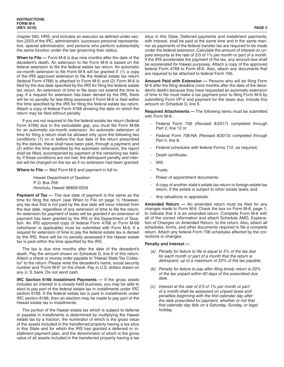 Instructions for Form M-6 Hawaii Estate Tax Return - Hawaii, Page 2