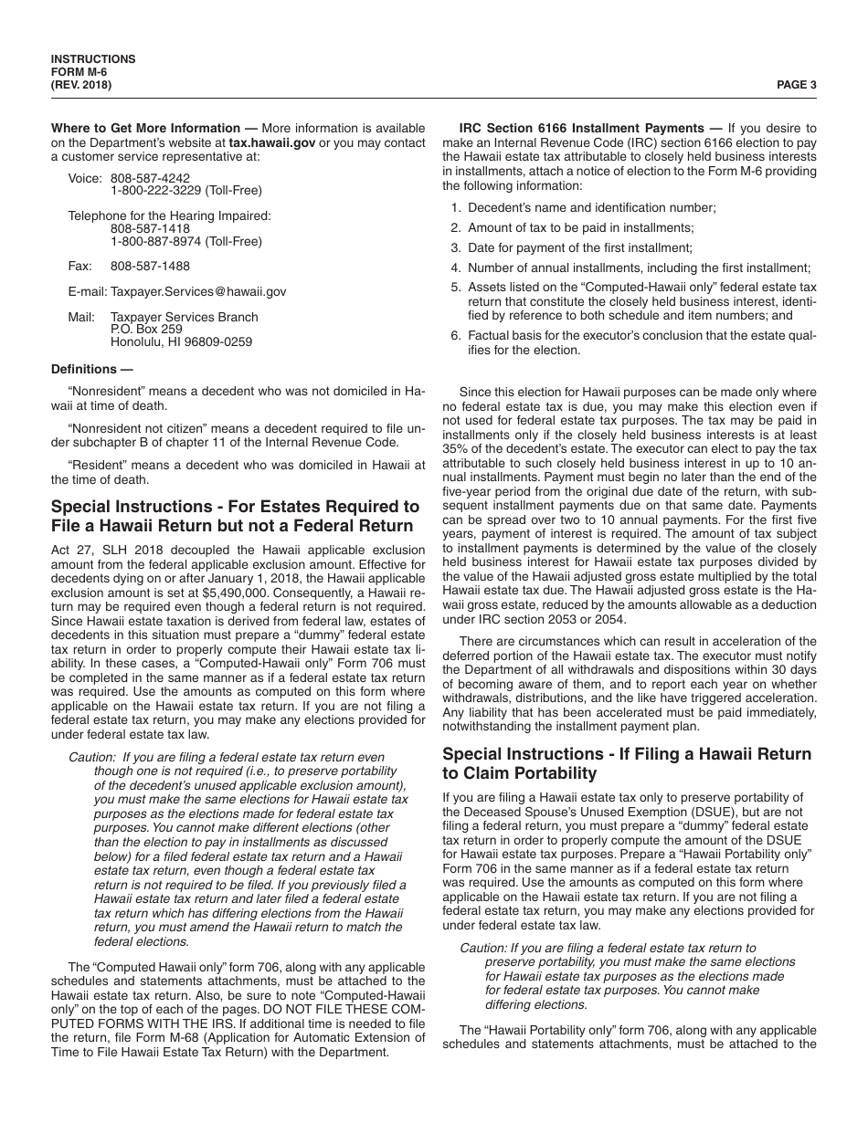 Instructions for Form M-6 Hawaii Estate Tax Return - Hawaii, Page 3