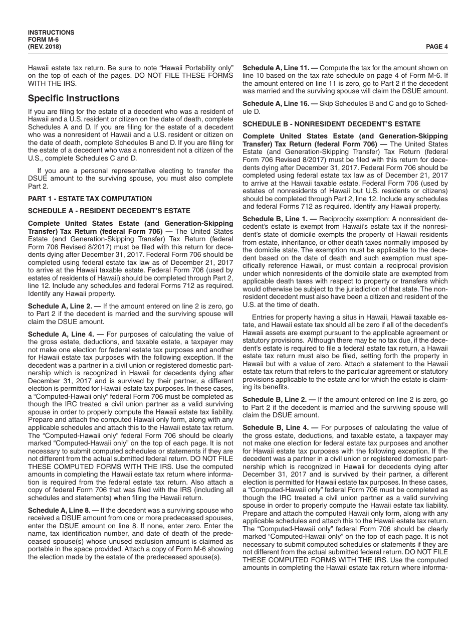 Instructions for Form M-6 Hawaii Estate Tax Return - Hawaii, Page 4