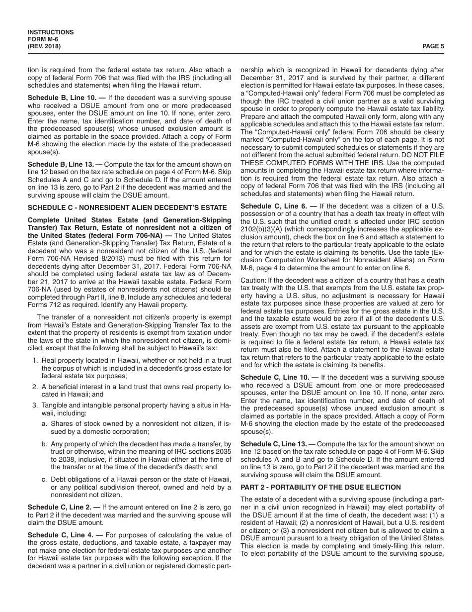 Instructions for Form M-6 Hawaii Estate Tax Return - Hawaii, Page 5