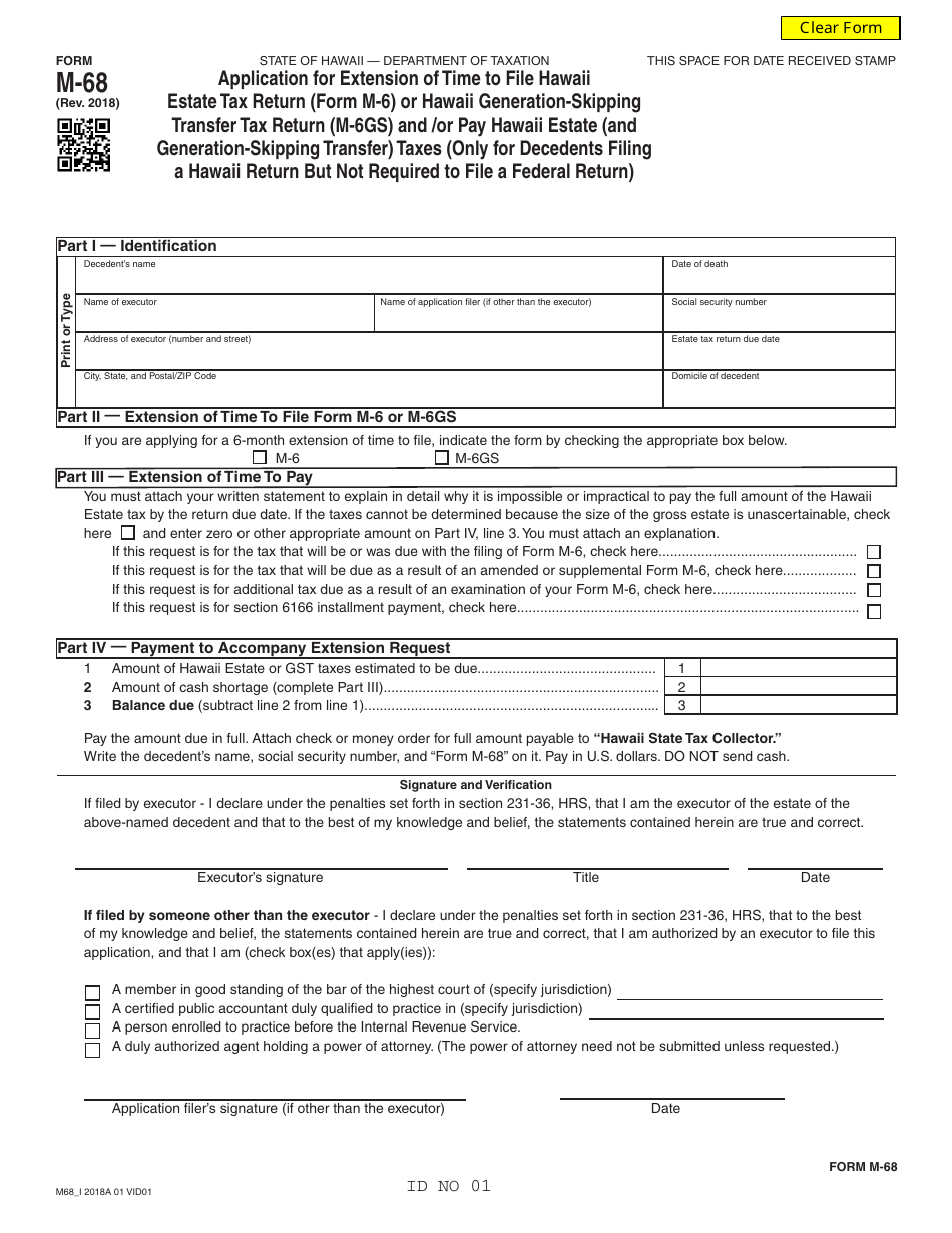 Form M-68 Application for Extension of Time to File Hawaii Estate Tax Return (Form M-6) or Hawaii Generation-Skipping Transfer Tax Return (M-6gs) and / Or Pay Hawaii Estate (And Generation-Skipping Transfer) Taxes (Only for Decedents Filing a Hawaii Return but Not Required to File a Federal Return) - Hawaii, Page 1