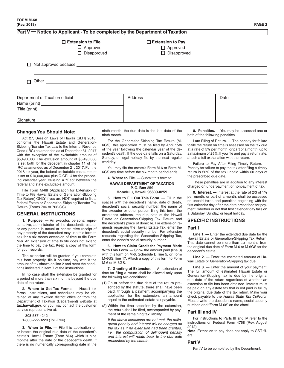 Form M-68 Application for Extension of Time to File Hawaii Estate Tax Return (Form M-6) or Hawaii Generation-Skipping Transfer Tax Return (M-6gs) and / Or Pay Hawaii Estate (And Generation-Skipping Transfer) Taxes (Only for Decedents Filing a Hawaii Return but Not Required to File a Federal Return) - Hawaii, Page 2