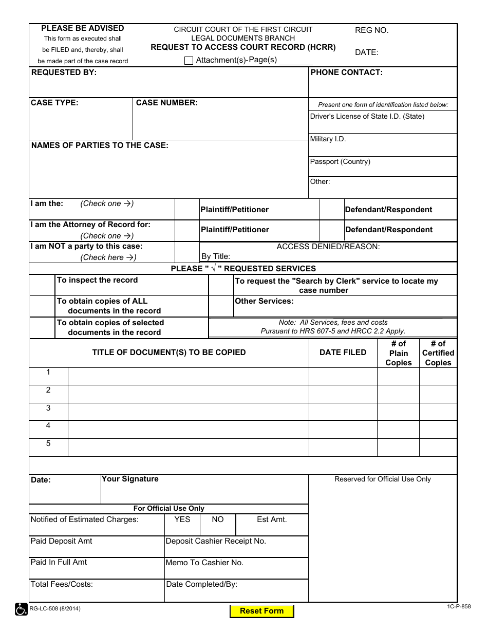 Form 1C-P-858 Request to Access Court Records - Hawaii, Page 1