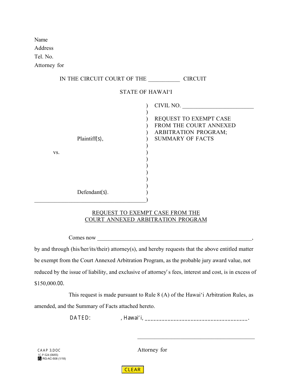Form 1C-P-524 Request to Exempt Case From the Court Annexed Arbitration Program - Hawaii, Page 1