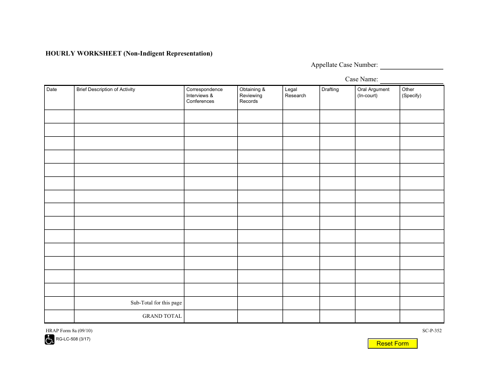 HRAP Form 8A (SC-P-352) Hourly Worksheet (Non-indigent Representation) - Hawaii, Page 1