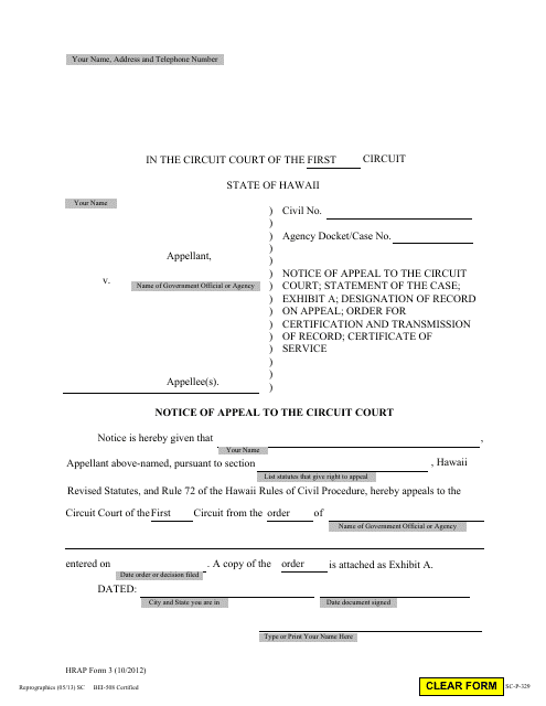 HRAP Form 3 (SC-P-329) Notice of Appeal to the Circuit Court - Hawaii