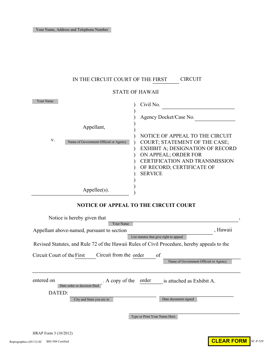 HRAP Form 3 (SC-P-329) Notice of Appeal to the Circuit Court - Hawaii, Page 1