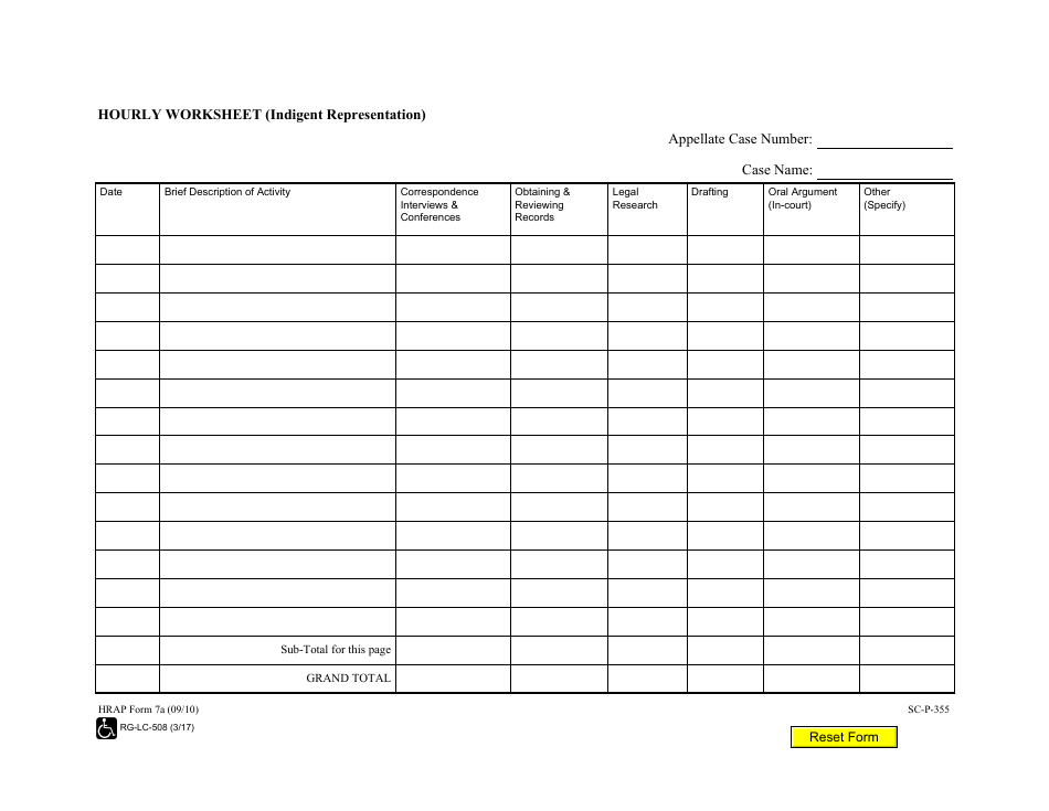 HRAP Form 7A (SC-P-355) Hourly Worksheet (Indigent Representation) - Hawaii, Page 1