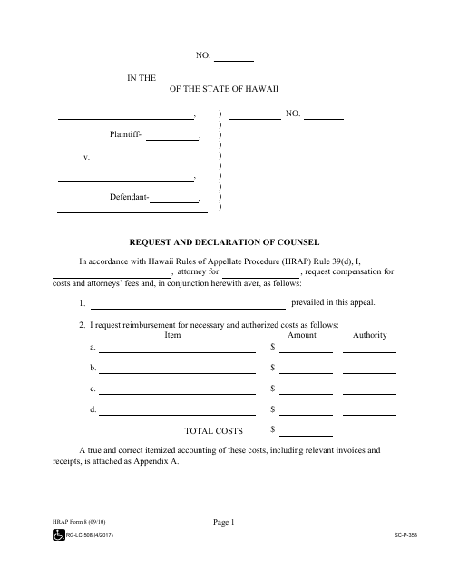 HRAP Form 8 (SC-P-353) Request and Declaration of Counsel - Hawaii