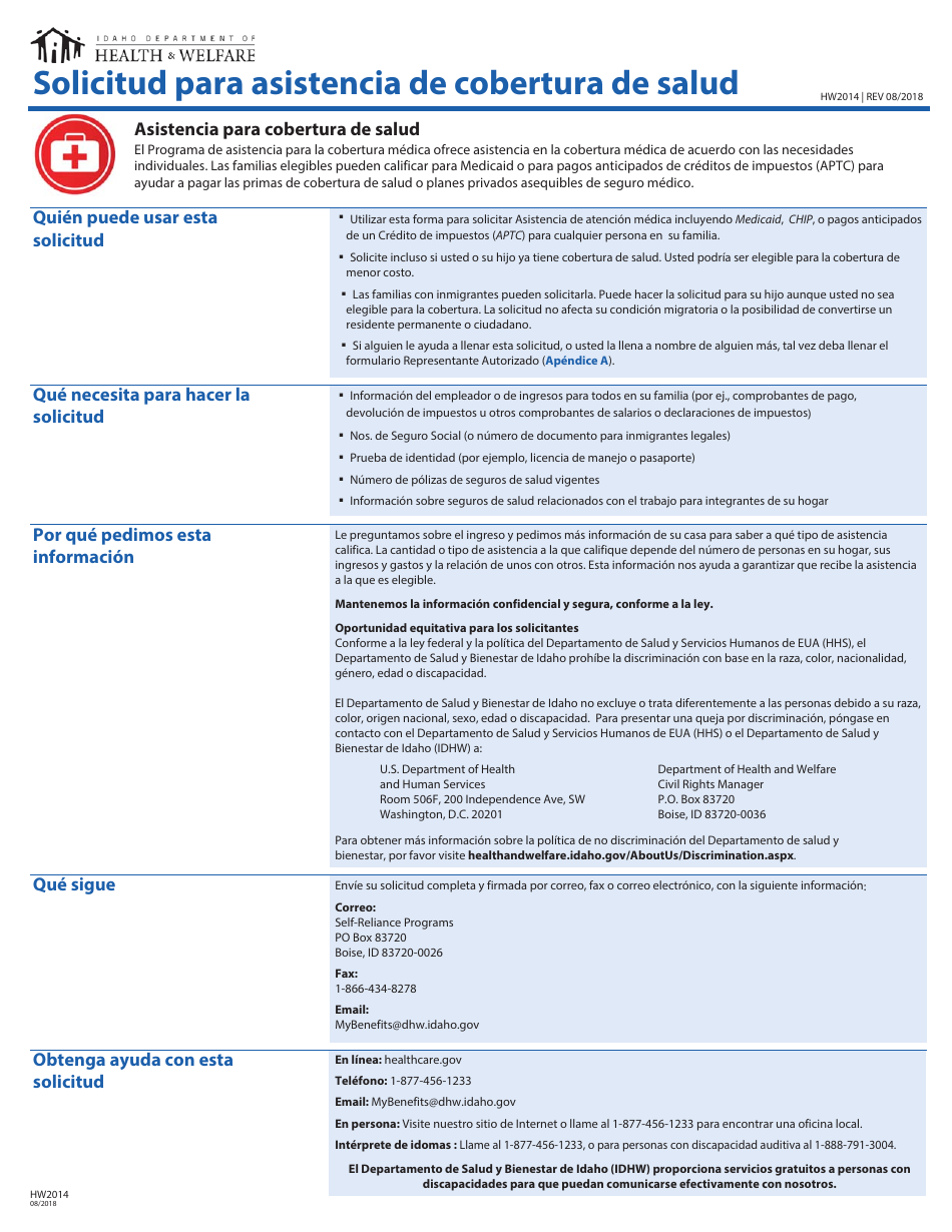 Formulario HW2014 Solicitud Para Asistencia De Cobertura De Salud - Idaho (Spanish), Page 1