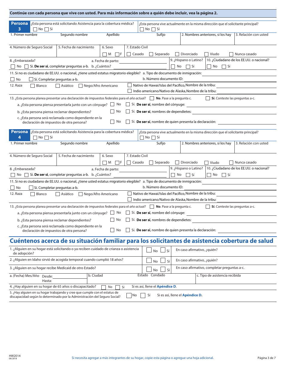 Formulario HW2014 Solicitud Para Asistencia De Cobertura De Salud - Idaho (Spanish), Page 4