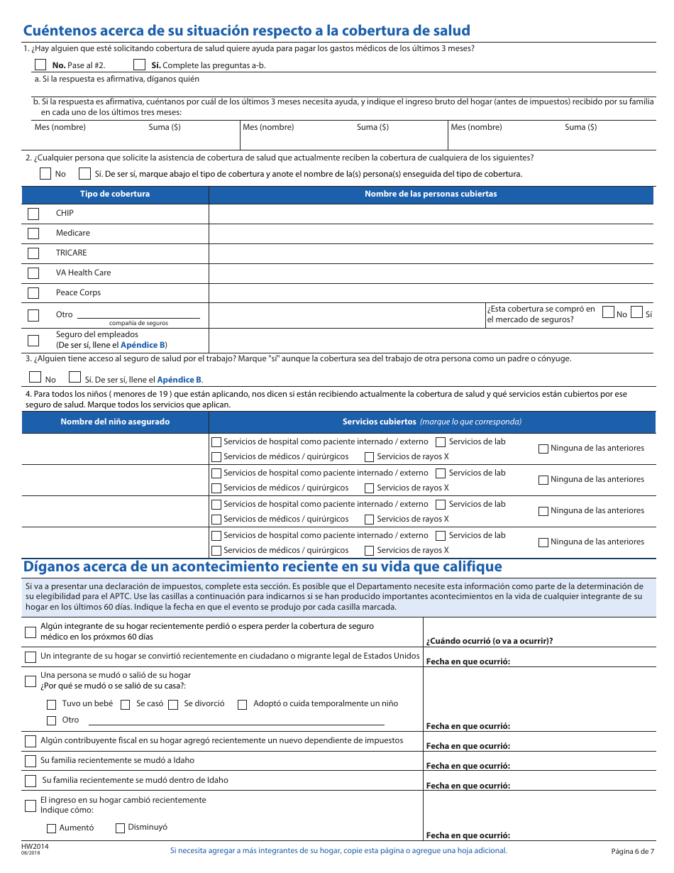 Formulario HW2014 Solicitud Para Asistencia De Cobertura De Salud - Idaho (Spanish), Page 7