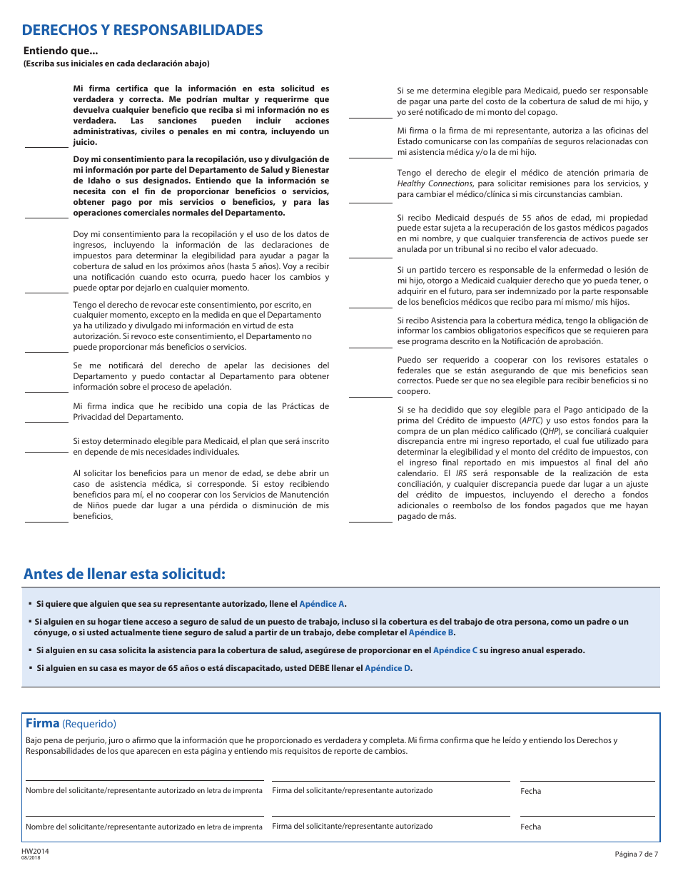 Formulario HW2014 Solicitud Para Asistencia De Cobertura De Salud - Idaho (Spanish), Page 8
