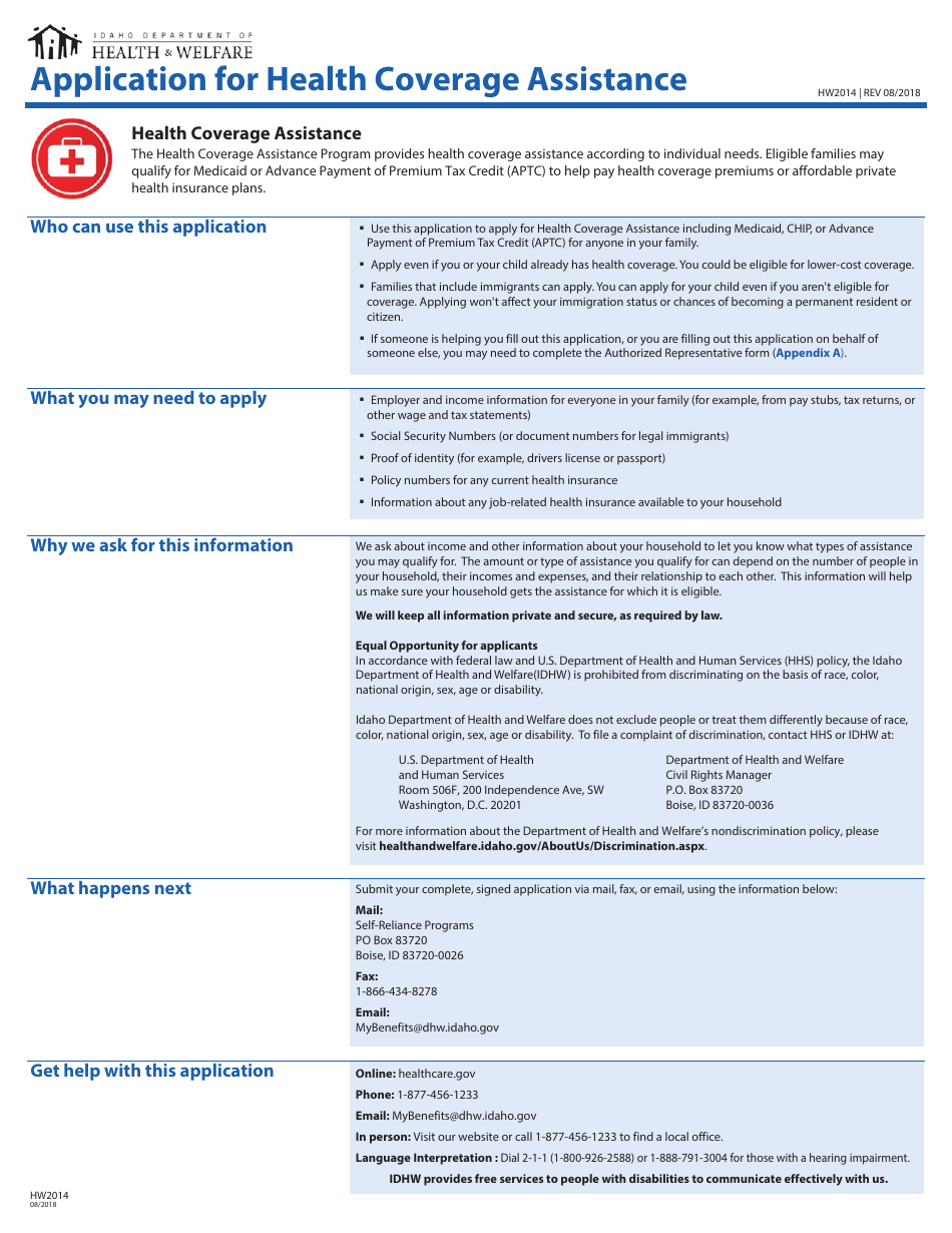 Form HW2014 Application for Health Coverage Assistance - Idaho, Page 1
