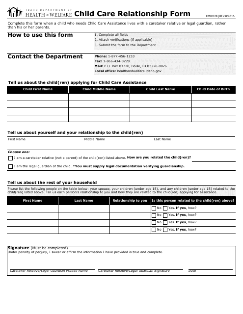 Form HW2028 Child Care Relationship Form - Idaho
