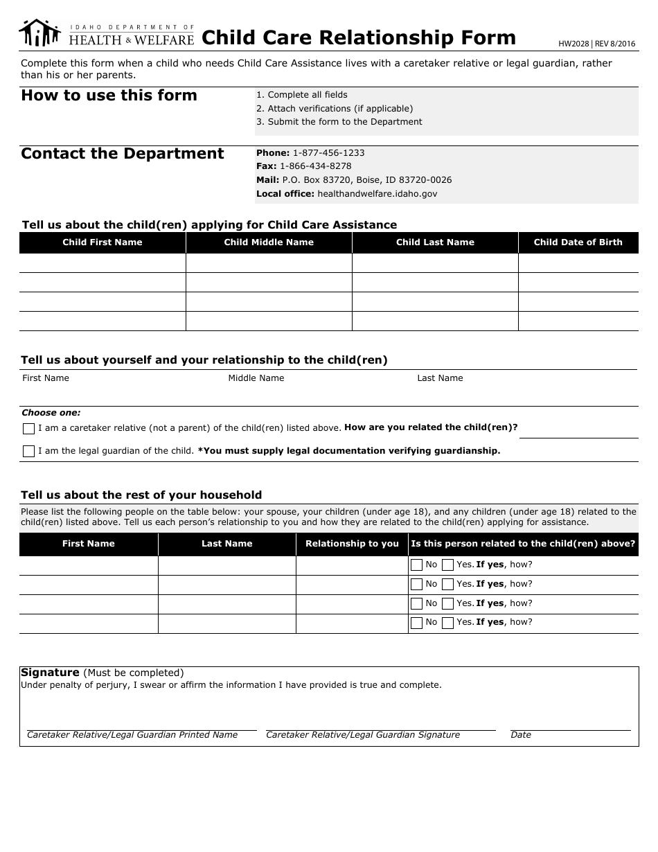 Form HW2028 Child Care Relationship Form - Idaho, Page 1