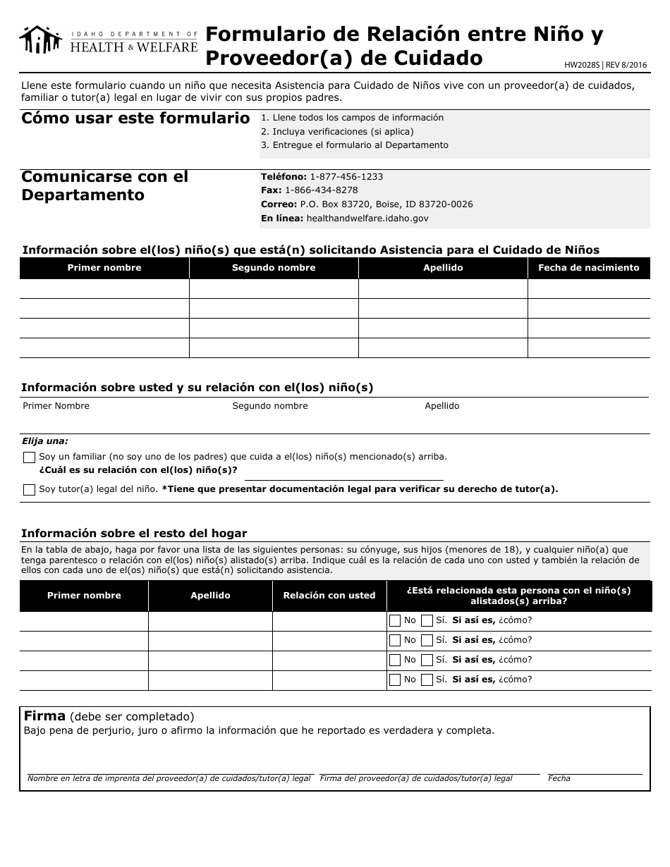 Formulario HW2028S Formularion De Relacion Entre Nino Y Proveedor(A) De Cuidado - Idaho (Spanish), Page 1