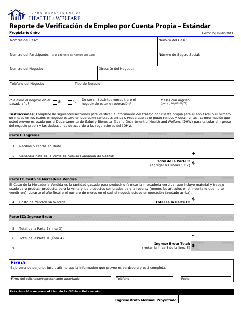 Formulario HW0505S Reporte De Verificacion De Empleo Por Cuenta Propia - Estandar - Propietario Unico - Idaho (Spanish)