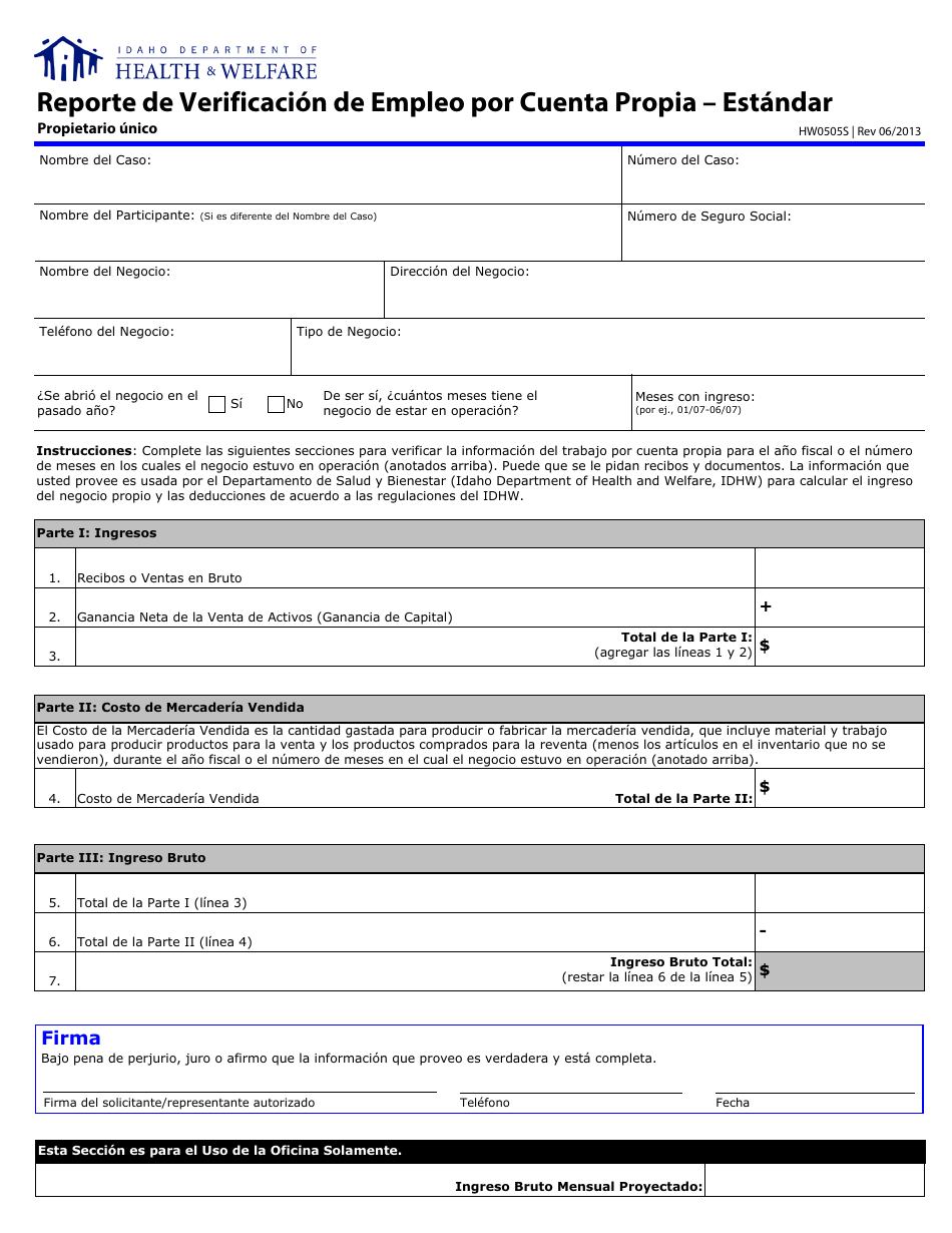 Formulario HW0505S Reporte De Verificacion De Empleo Por Cuenta Propia - Estandar - Propietario Unico - Idaho (Spanish), Page 1
