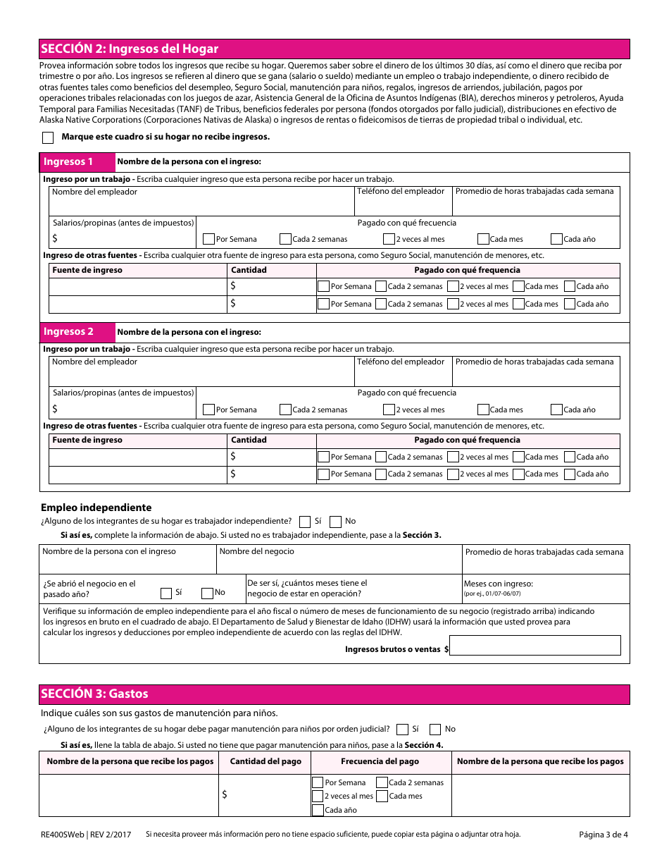 Formulario RE400SWEB Formulario De Re-evaluacion De Cuidados Para Ninos - Idaho (Spanish), Page 3