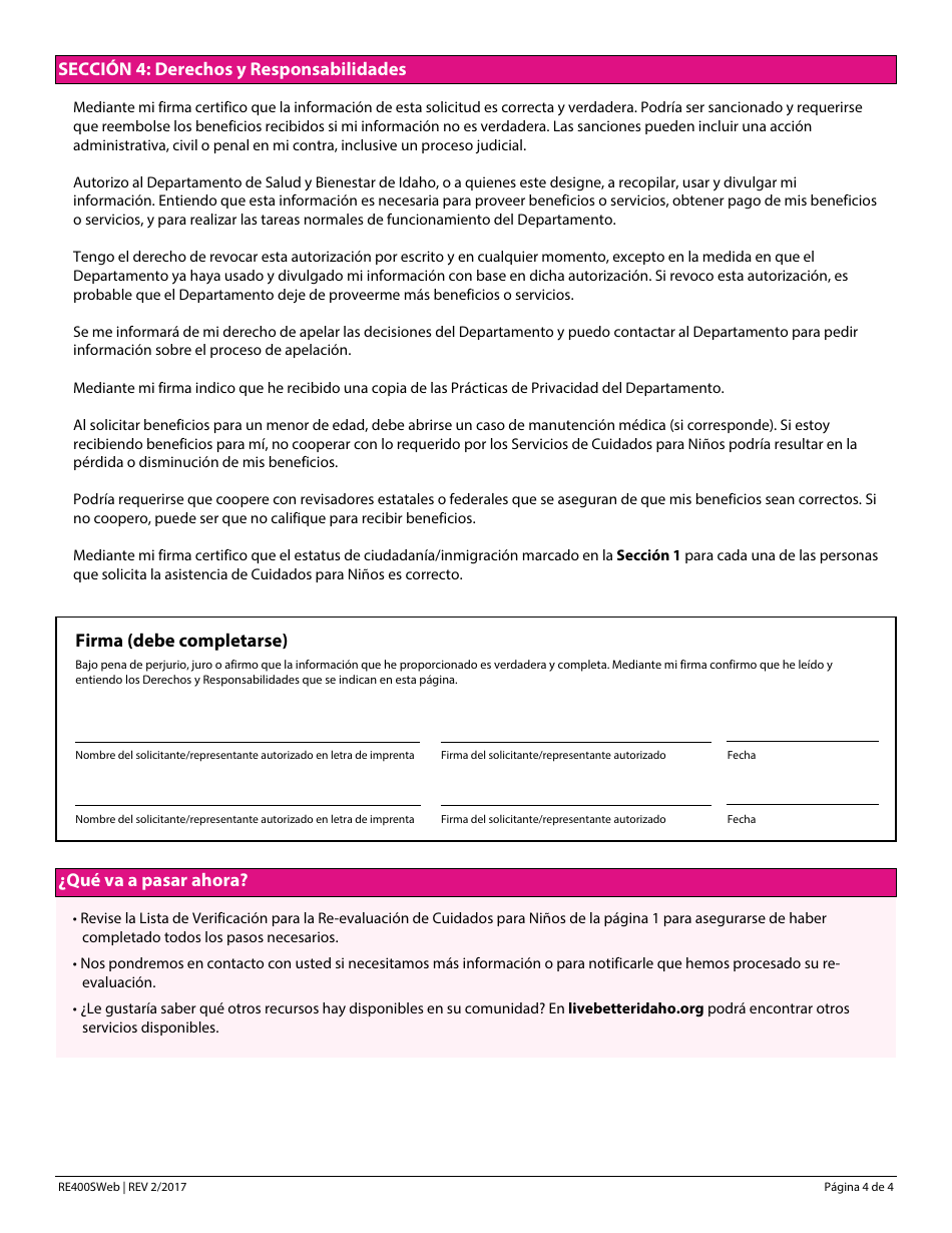 Formulario RE400SWEB Formulario De Re-evaluacion De Cuidados Para Ninos - Idaho (Spanish), Page 4
