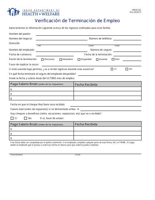 Formulario HW0516S Verificacion De Terminacion De Empleo - Idaho (Spanish)