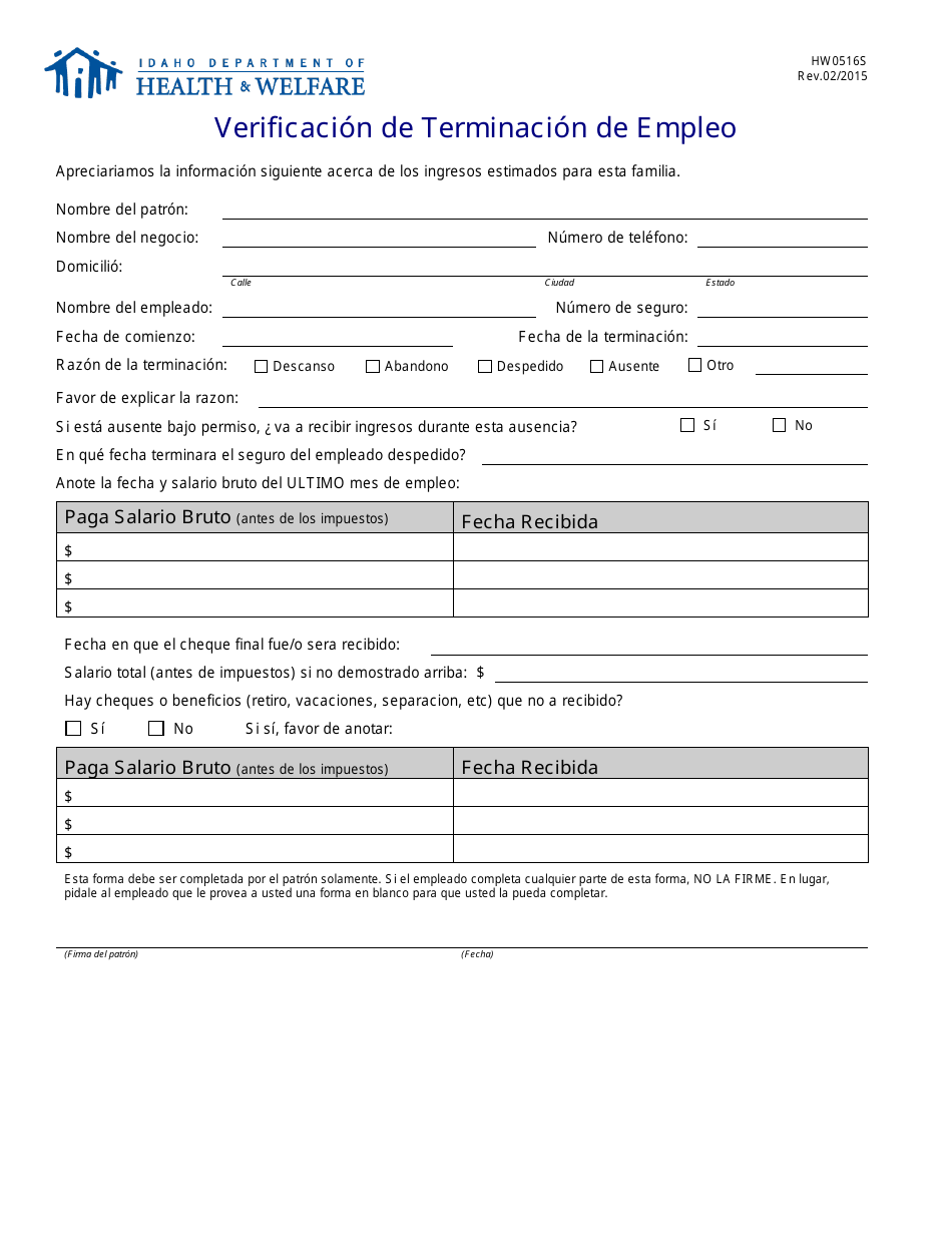 Formulario HW0516S Verificacion De Terminacion De Empleo - Idaho (Spanish), Page 1