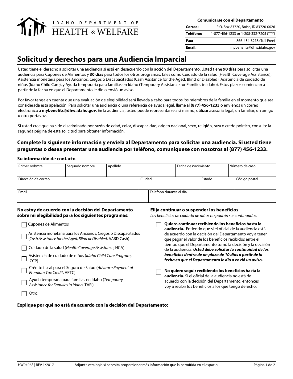 Formulario HW0406S Solicitud Y Derechos Para Una Audiencia Imparcial - Idaho (Spanish), Page 1