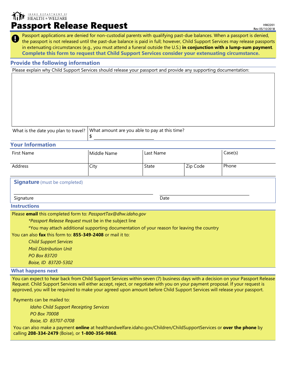 Form HW2201 Passport Release Request - Idaho, Page 1