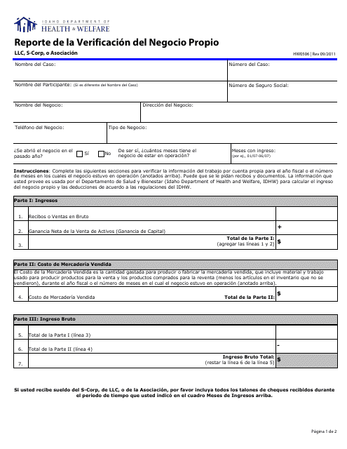 Formulario HW0506 Reporte De La Verificacion Del Negocio Propio - LLC, S-Corp, O Asociacion - Idaho (Spanish)