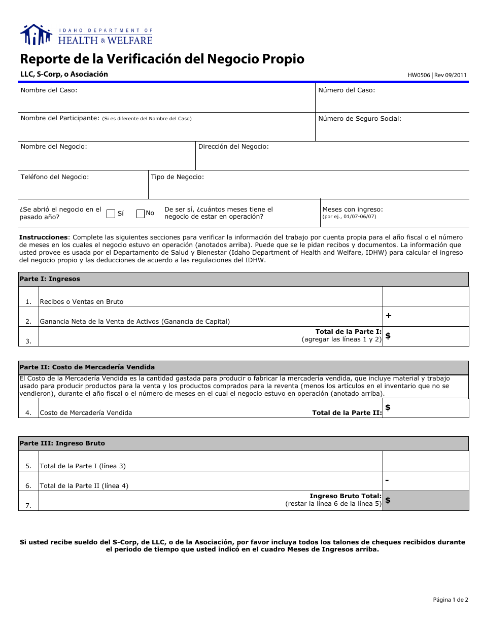 Formulario HW0506 Reporte De La Verificacion Del Negocio Propio - LLC, S-Corp, O Asociacion - Idaho (Spanish), Page 1