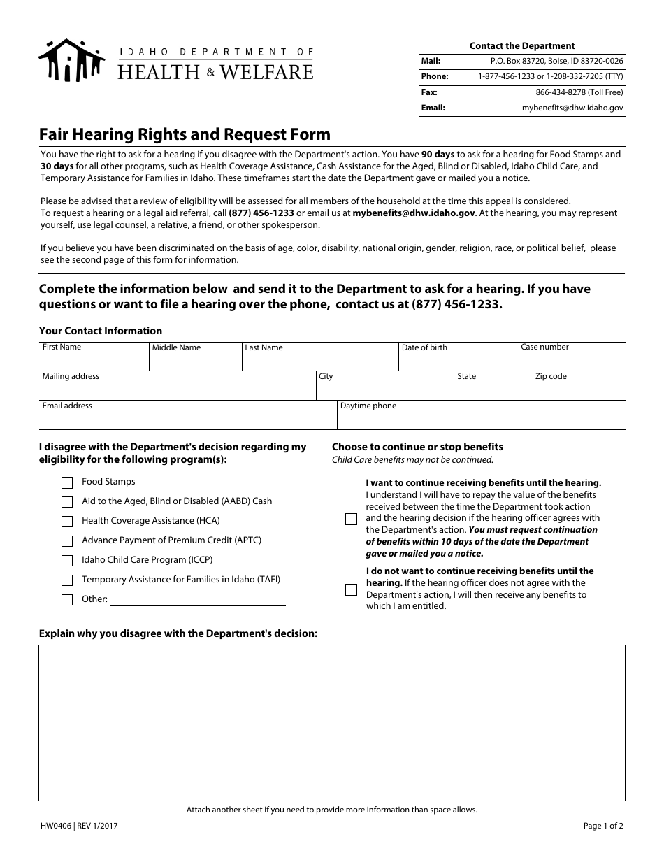 Form HW0406 Fair Hearing Rights and Request Form - Idaho, Page 1