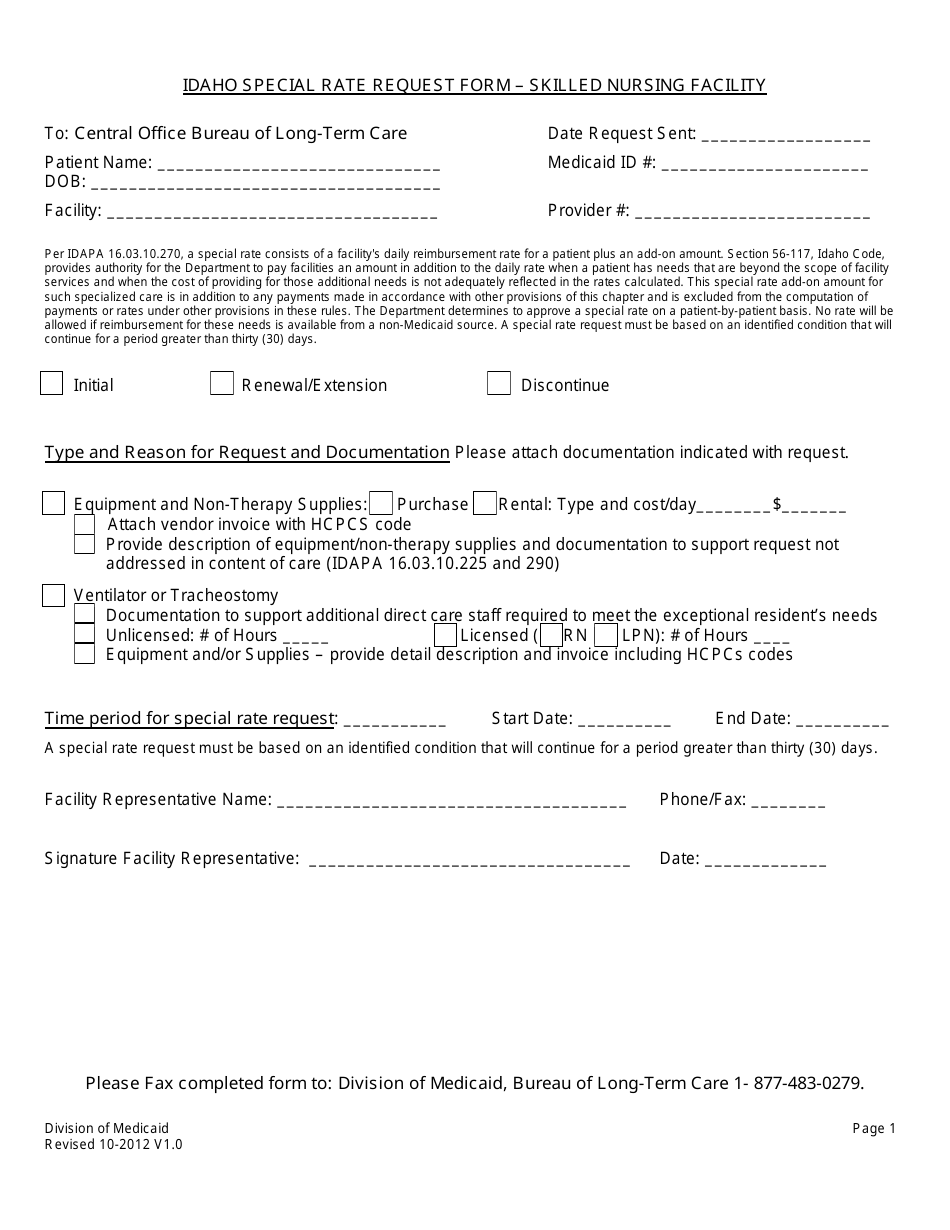 Idaho Special Rate Request Form - Skilled Nursing Facility - Idaho, Page 1