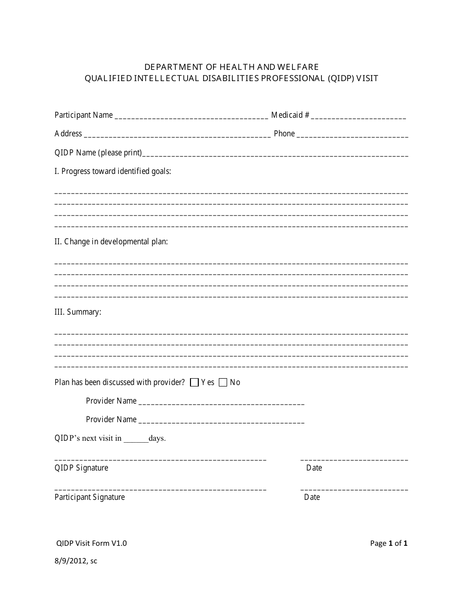 Qualified Intellectual Disabilities Professional (Qidp) Visit Form - Idaho, Page 1
