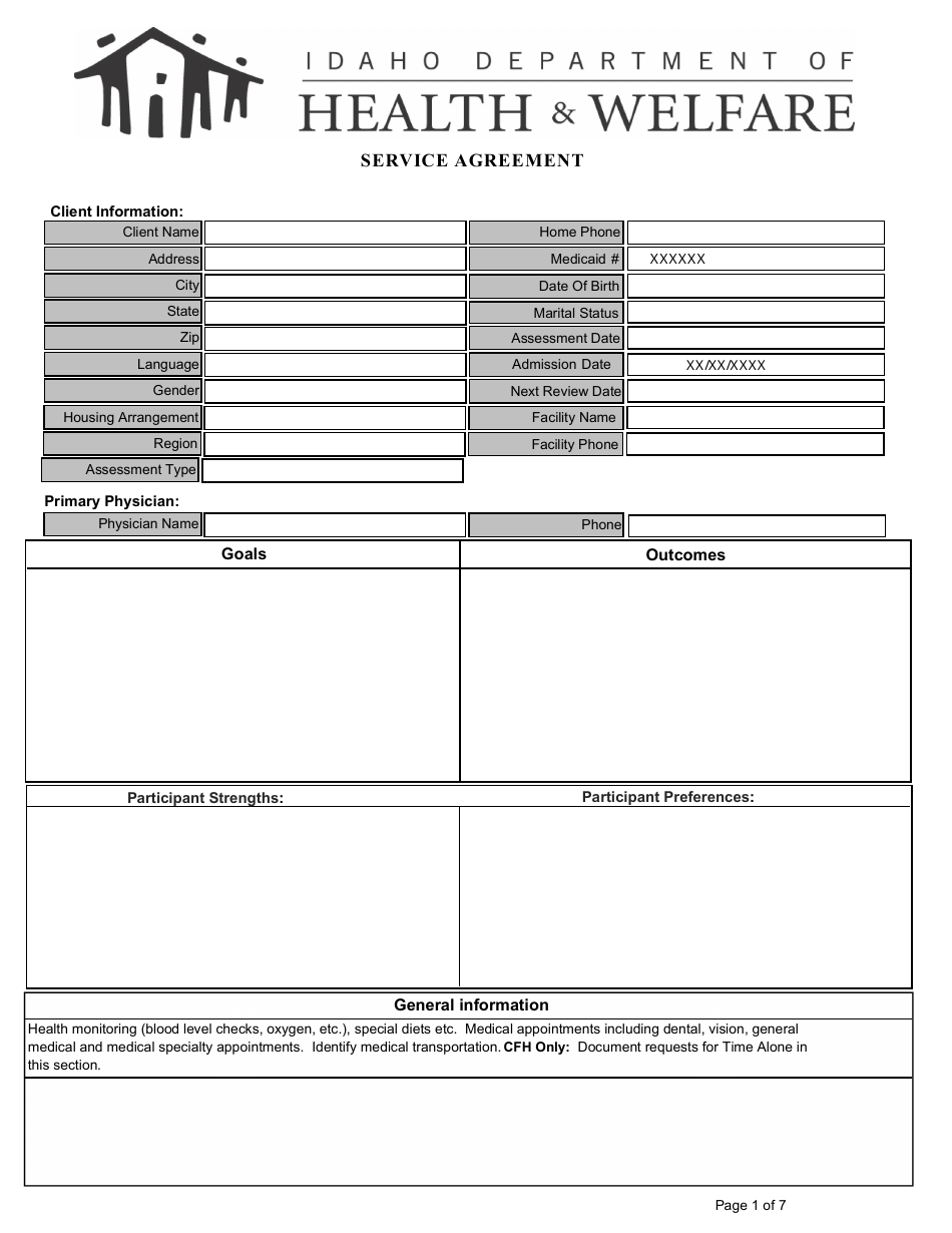 Service Agreement Form - Idaho, Page 1