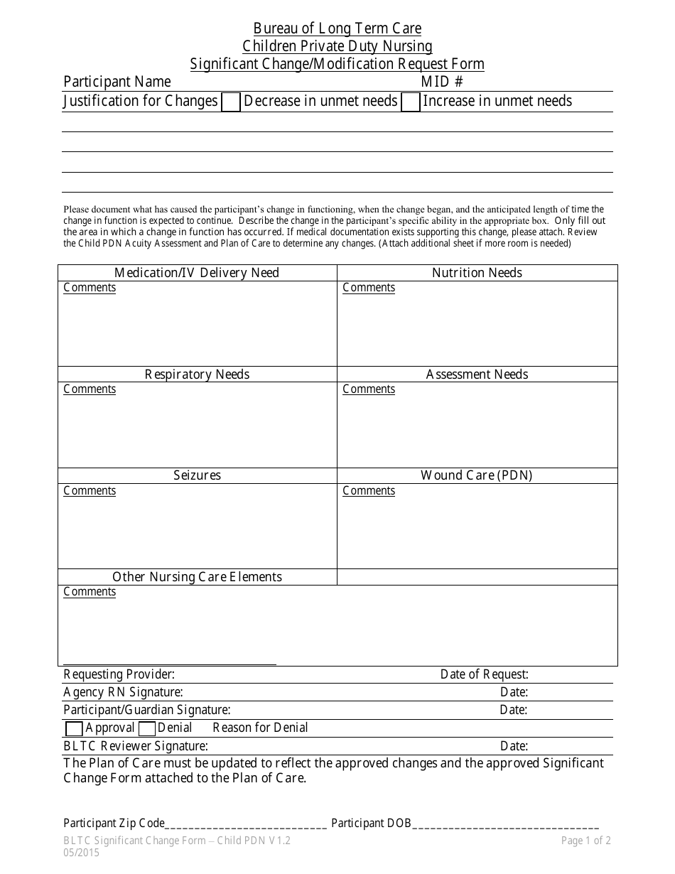 Significant Change / Modification Request Form - Children Private Duty Nursing - Idaho, Page 1
