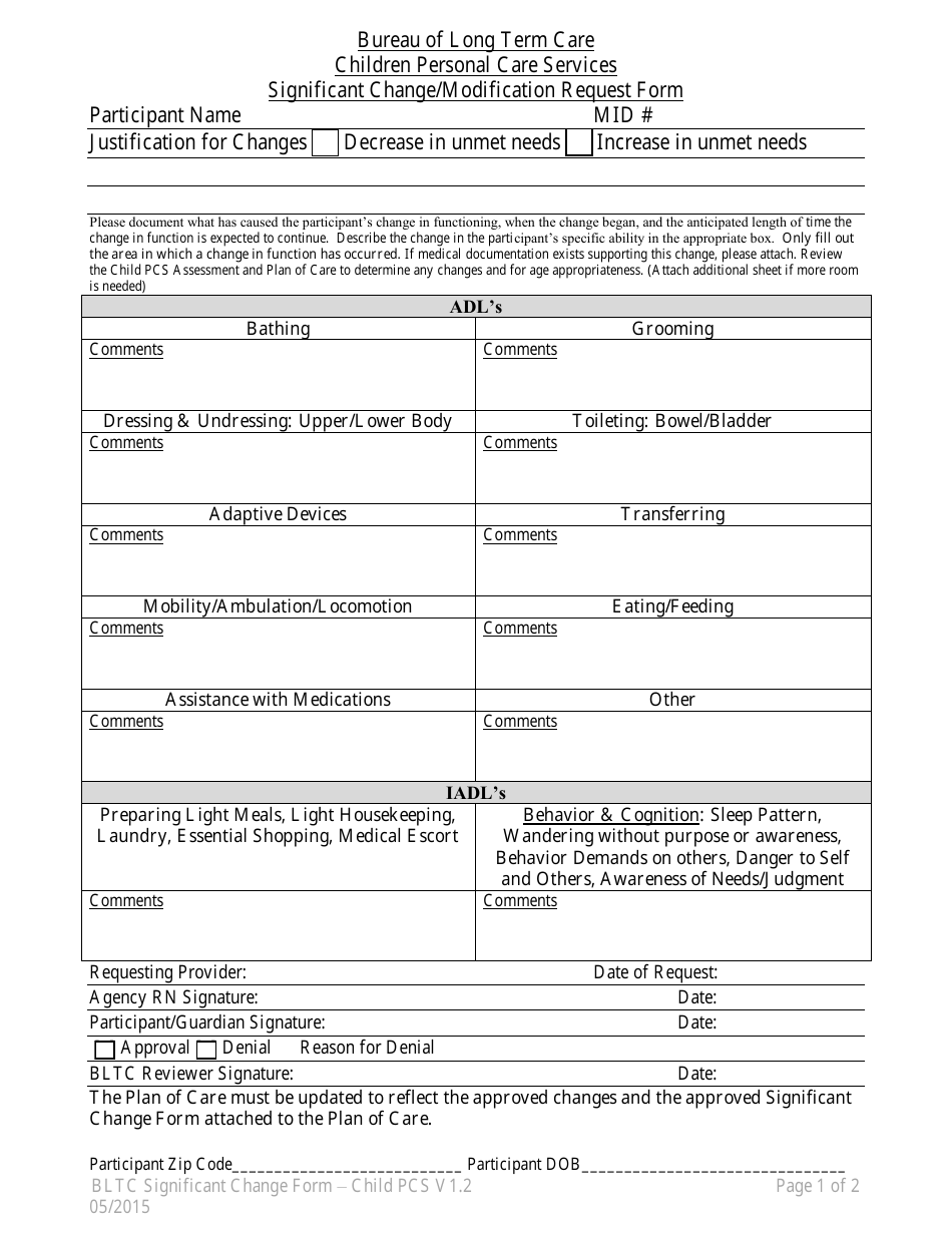 Significant Change / Modification Request Form - Children Personal Care Services - Idaho, Page 1